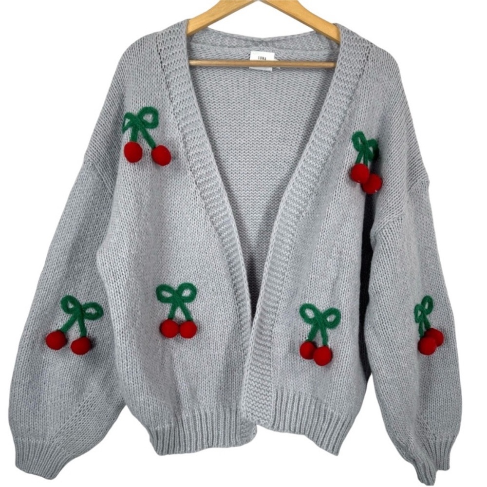 Luna Ivy Women's Pink Cardigan Sweater Cherry Embellishments Open Front - Picture 6 of 6